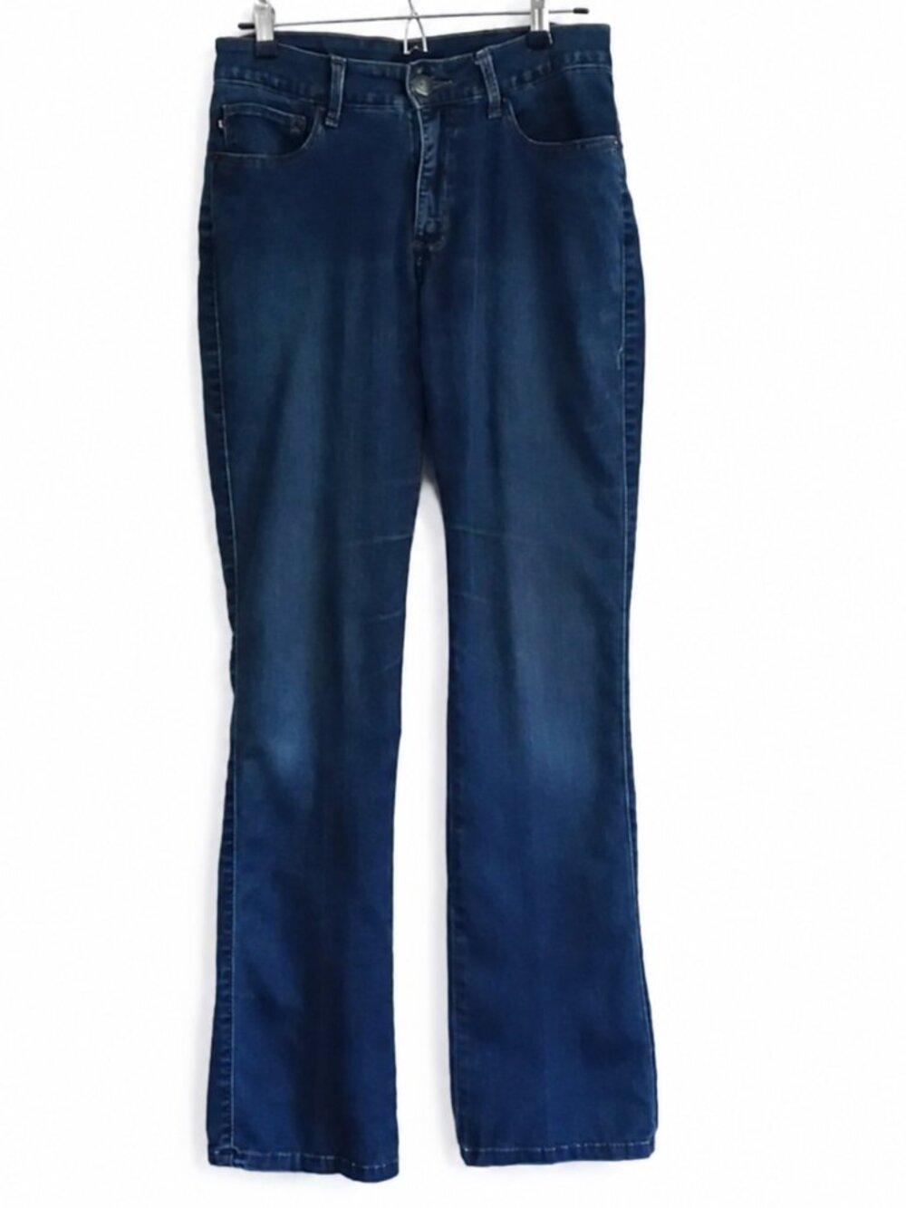 Size 8 faded denim blue jeans.  Distressed.  Casual long blue pants.  Western